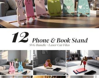 12 Phone Stand Bundle SVG, Laser Cut Files: Cute Animal & Book Stand Designs for Glowforge xTool