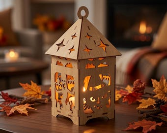 Lanterne d'Halloween découpée au laser : lampe ombre chauve-souris chat effrayant (téléchargement numérique)