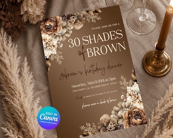 Plantilla editable de Canva para invitación de cumpleaños con temática de melanina, acuarela, 30 tonos de marrón, flores neutras, idea para brunch de despedida de soltera 1117