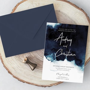 Editable Dark Navy Blue Watercolor Wedding Invitation Template | Self Editable Dark Blue Wedding Invitation | Instant Download 708