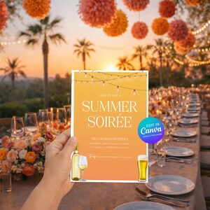 May include: A Summer Soirée invitation with an orange and yellow gradient background, featuring text and illustrations of wine and beer. The invitation is held in front of a table set for a party, with floral arrangements and hanging decorations.