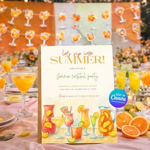 Invito modificabile per la festa di inizio estate con cocktail - Modello Canva - Assortimento di bevande: Rum, Mojito, Margarita, Brocca, Cocktail Party 2608