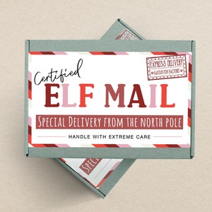 Etykieta na pudełko świąteczne | Naklejka na pudełko Xmas Eve Gable | DIY Certyfikowany czerwony upominek z elfem do pobrania natychmiast Wigilia 905