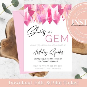 Editable She’s a Gem Crystal Bridal Shower Invitation Template | Self Editable GemStone Geode Wedding Bridal Shower | Instant Download 1108