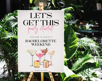 Editable Welcome Bachelorette Sign | Watercolor Martini Cocktail Editable Let’s Get This Party Started Poster Bridal Happy Hour 2602