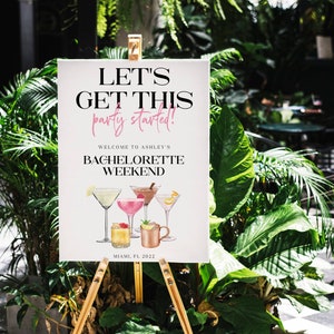 Editable Welcome Bachelorette Sign Template | Watercolor Martini Cocktail Let’s Get This Party Started Poster Bridal Happy Hour 2602