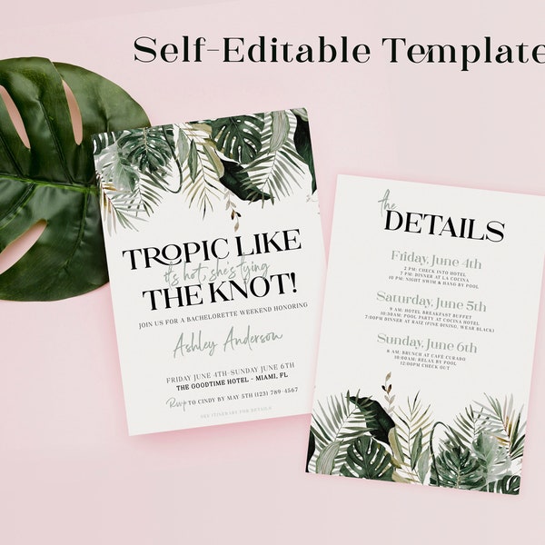 Editable Tropical Bachelorette Invitation & Detail Bundle Template Topic Like It’s Hot Watercolor Tropical Leaves Invite Print Download 1903