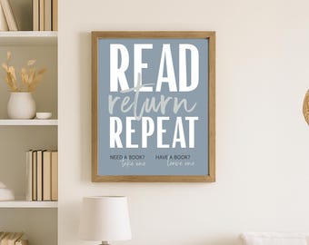 Letrero de biblioteca gratuito para el hogar: editable, para leer, devolver y repetir, imprimible. Letrero para tomar un libro y dejar un libro para alquileres o rincones de lectura 3004