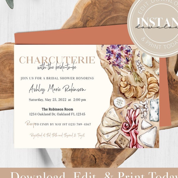 Salumi modificabili Rose Bridal Shower Invito fai da te / Formaggio e vino Tagliere Invito di compleanno Ragazze Notte Idee Addio al nubilato Addio al nubilato 1509