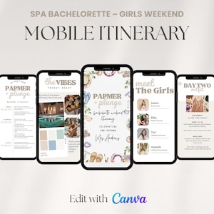 Puede incluir: Cinco smartphones que muestran un itinerario móvil para un fin de semana de despedida de soltera en un spa. Las pantallas muestran los detalles del evento, incluyendo los textos "PAPMER + plunge", "the VIBES", "meet The Girls" y "DAYTWO outfit". El diseño incluye gráficos florales y de playa.
