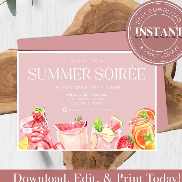 Editable Summer Party Invite Watercolor Summer Cocktails by the pool Invitation Template Self Editable Birthday Invite Instant Download 607