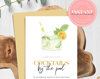 Editable Watercolor Cocktails by the pool Invitation Template | Print Today Watercolor Mojito Instant Download Bachelorette Invitation 1105