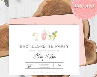 Editable Watercolor Bachelorette Invitation | Bridal Brunch Wedding Shower | Simple Cocktail party Bachelorette Invitation 1105