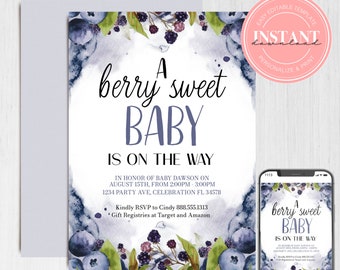 Edytowalne zaproszenie na baby shower z motywem jagód i jagód | Kaligrafia „Słodkie dziecko w drodze” dla obu płci, natychmiastowe pobranie, dekoracja baby shower 1501