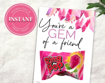 You’re a Gem Crystal Card | Pink Printable  Ring Pop Valentines Day Easy Classroom Exchange Tag Download | DIY Valentines Day Card 1108