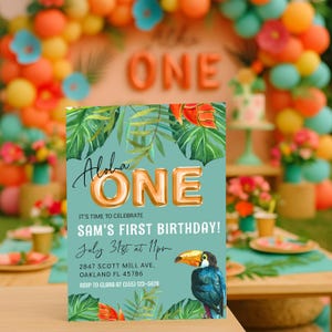 Aloha One Birthday Invitation – Editable Tropical Jungle 1st Birthday Template Luau Party Printable for Boys or Girls – Instant Download 603