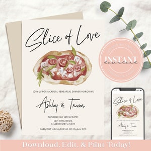 以下が含まれることがあります： ピザの絵が描かれた水彩画と「Slice of Love」の文字が書かれた、カジュアルなリハーサルディナーの印刷可能な招待状です。招待状はアシュリーとトレバー宛てで、イベントの日時と場所が記載されています。また、6月17日までにRSVPをするようにお願いしています。