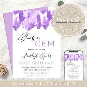 Editable She’s a Lavender Gem Crystal First Birthday Invitation Template | Self Editable GemStone Geode Birthday Instant Download 1108