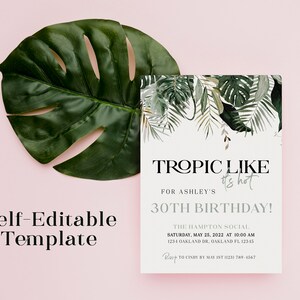 Editable Tropical 30th Birthday Invitation Template Topic Like It’s Hot Watercolor Tropical Leaves Invite | Printable Download Idea 1903