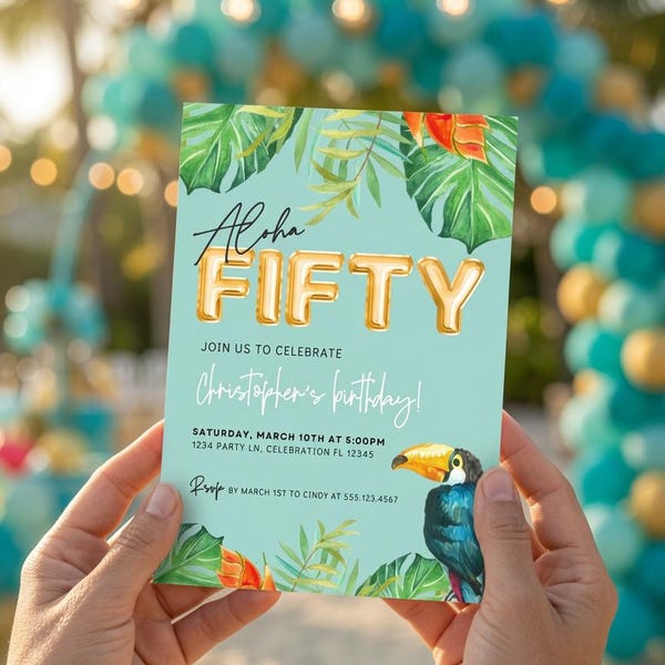 Editable Aloha Fiftieth Birthday Party Invitation | Jungle Tropical Leaves Toucan 50th Birthday | Hawaiian Luau Birthday Ideas 603
