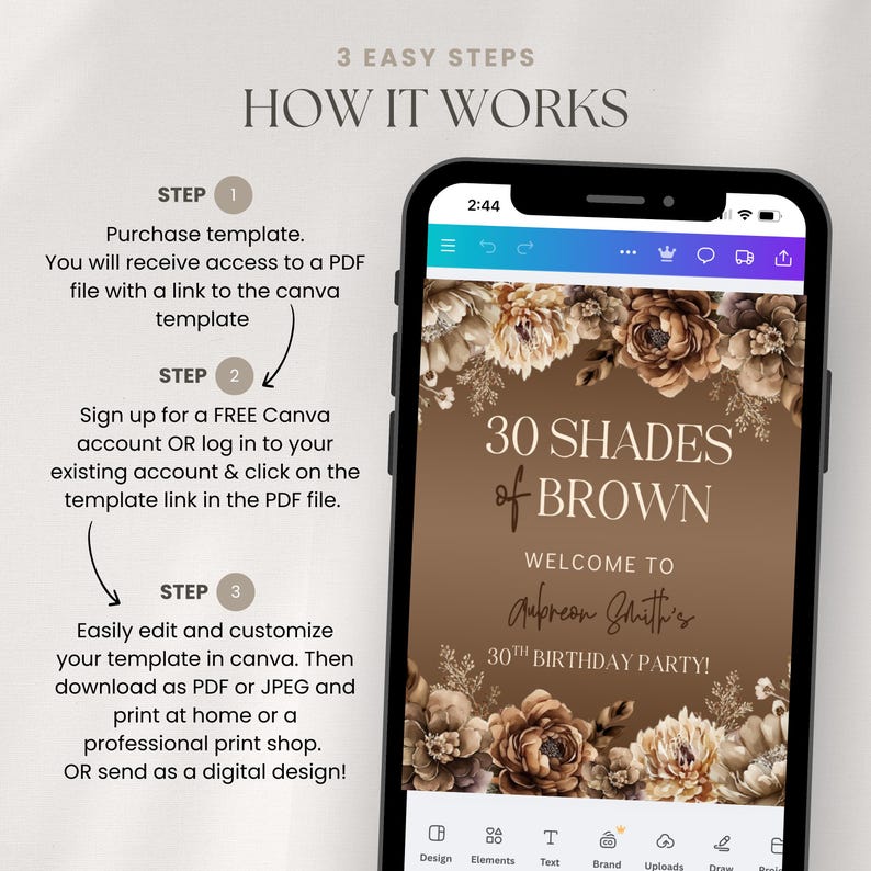 Puede incluir: Un tel&eacute;fono inteligente muestra un editor de plantillas Canva con un dise&ntilde;o de letrero de cumplea&ntilde;os marr&oacute;n, flores y el texto 30 SHADES OF BROWN WELCOME TO Aubreon Smith's 30TH BIRTHDAY PARTY. A la izquierda se enumeran tres pasos de uso.