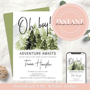 Editable Oh Boy Let the Adventure Begin Baby Shower Invitation Template |  Watercolor Woodland Pine Tree Baby Shower | Instant Download 1106
