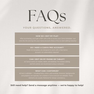 Puede incluir: Un gr&aacute;fico informativo de preguntas frecuentes digital con fondo claro y texto oscuro. Presenta el t&iacute;tulo FAQs, seguido de cuatro secciones rectangulares de color beige que contienen preguntas y respuestas sobre la edici&oacute;n de una plantilla de Canva.