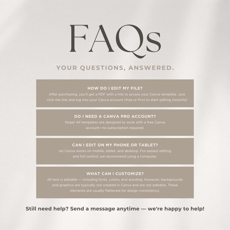 Puede incluir: Un gr&aacute;fico informativo de preguntas frecuentes digital con fondo claro y texto oscuro. Presenta el t&iacute;tulo FAQs, seguido de cuatro secciones rectangulares de color beige que contienen preguntas y respuestas sobre la edici&oacute;n de una plantilla de Canva.