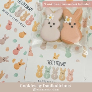 May include: A set of two pastel-colored bunny-shaped cookies with white frosting and a flower design. The cookies are in a clear plastic bag with a white card that says "Treats for my PEEPS" and "Wishing you a happy Easter!" The card also has a pattern of pastel-colored bunnies and eggs.