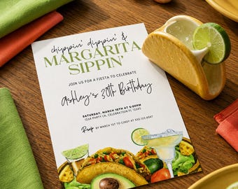 Invitación de cumpleaños con temática de Chippin Dippin y Margarita Sippin, Fiesta de tacos en el jardín / Plantilla editable de Canva para imprimir / 2803
