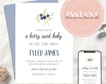 Edytowalne zaproszenie na baby shower z jagodami i borówkami | Kaligraficzne zaproszenie unisex z motywem słodkiego dziecka w drodze | Proste, natychmiastowe pobranie 1503