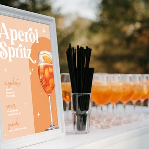 Bearbeitbares Bridal Shower Bar Zeichen Aperol Spritz Vorlage Hochzeit Signatur Cocktail Bar Menü Orange Aquarell Cocktail Tisch Zeichen 2605