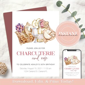 Editable Charcuterie & Rose Party DIY Invitation | Cheese Wine Board Bridal Shower Invite | Girls Night Hen&#39;s Night | Wine and Cheese 1509