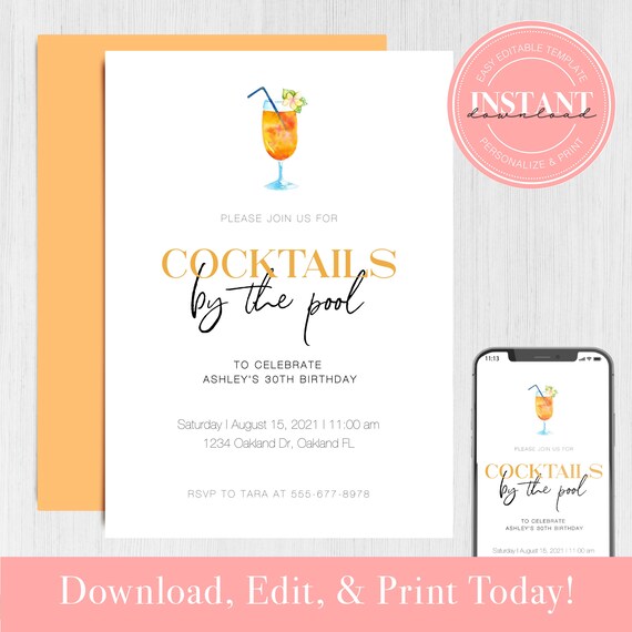 Editable Watercolor Cocktails by the Pool Invitation Template - Etsy