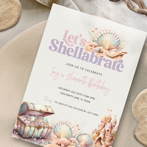 Editable Let’s Shallabrate Birthday Party Invitation Template Mermaid Under the Sea Seashell Theme Pastel Chest Treasure Birthday Ideas 609