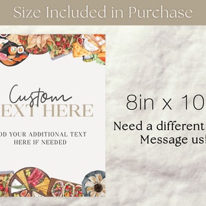 May include: A printable 8x10 inch digital download with a white background and a border of watercolor illustrations of various food items, including sushi, cheese, and fruit. The text "Custom Text Here" is in the center of the image, with the text "Add your additional text here if needed" below it.