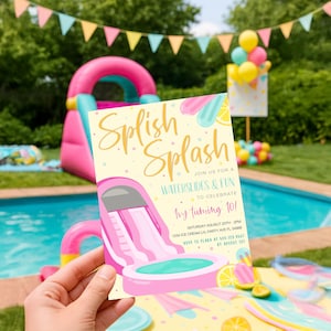 Editable Waterslide Birthday Party Invitation | Summer Water Slide Bash Pool Party | Girly Pink Yellow Pool Party | BBQ Instant Download 605