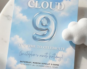 May include: A rectangular birthday invitation card featuring a light blue sky with white clouds background. The text reads WE'RE ON CLOUD 9, IT'S TIME TO CELEBRATE, Christopher's ninth birthday!, SATURDAY, MARCH 10TH AT 5:00PM, 1234 PARTY LN, CELEBRATION FL 12345, RSVP BY MARCH 1ST TO CINDY AT 555.123.4567.