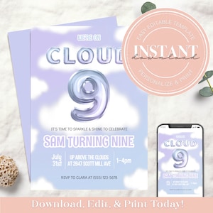 Editable Cloud 9 Blue Purple Birthday Party Invitation | Dream Sleepover Invite Rainbow Clouds 9th Birthday | Sparkle & Shine Invite 1107