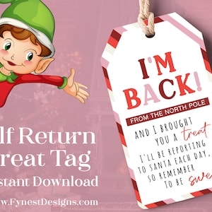 Christmas Elf Returning Printable Tag Red | I’m Back Christmas Elf Ideas Instant Download Holiday Season Kids Elf Tag 905