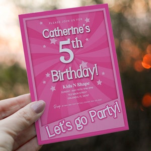 May include: Pink birthday party invitation with a pink and white starburst background. The invitation says "Please join us for Catherine's 5th Birthday!" and includes the details for the party: "Kids N Shape, Sunday, May 19th 1PM-3PM, 153 Main Street, Orlando, FL 34747". The invitation also says "Let's go Party!"