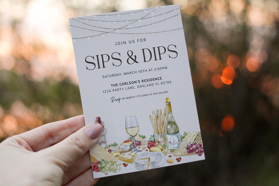 Editable Sips Dips Charcuterie Invitation Template Grazing Wine Cheese