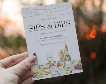Editable Sips Dips Charcuterie Invitation Template Wine Cheese Bridal Shower Girls Night Ideas Birthday Party Wedding Wine Tasting 1515