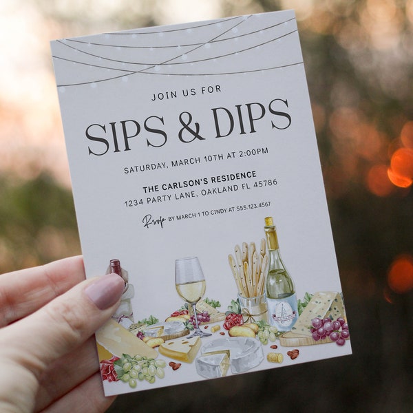 Editable Sips Dips Charcuterie Invitation Template Wine Cheese Bridal Shower Girls Night Ideas Birthday Party Wedding Wine Tasting 1515