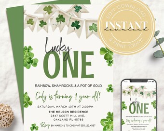 Editable Lucky One St.Patricks Day Birthday Party Invitation | Neutral Four Leaf Clover 1st Birthday | St.Pattys March Birthday Ideas 2501