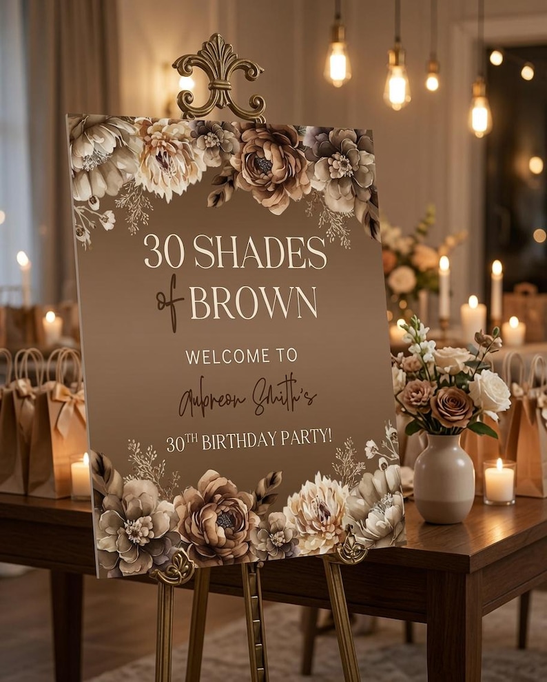 Plantilla editable de cartel de bienvenida para el 30 cumpleaños. Cartel para fiesta "30 tonos de marrón". Decoración para eventos con tonos neutros de melanina. Plantilla de Canva 1117. imagen 11