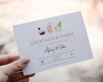 Editable Watercolor Cocktails and Cheer Invitation | Bridal Brunch Wedding Shower | Simple Cocktail party Bachelorette Invitation 1105