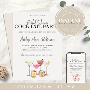 Redigerbar akvarell möhippainbjudan | Brudgubbe Cocktailparty Brunch Bröllopsdusch | Enkel Cocktailparty Bach 2602
