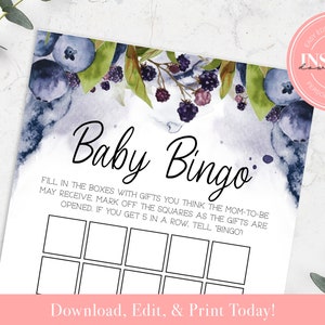 Editable Berry Blueberry Baby Bingo | Unisex A Berry Sweet Baby Calligraphy Instant Download Baby Shower Games | Gender Neutral 1501