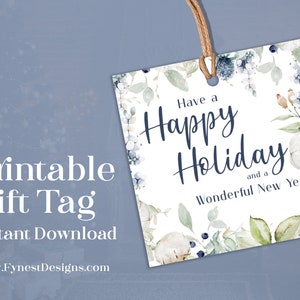 Happy Holiday & Wonderful New Year Square Gift Tags | Blue White Christmas Instant Download Holiday Gift Tags | DIY Printable Gift Tags 902